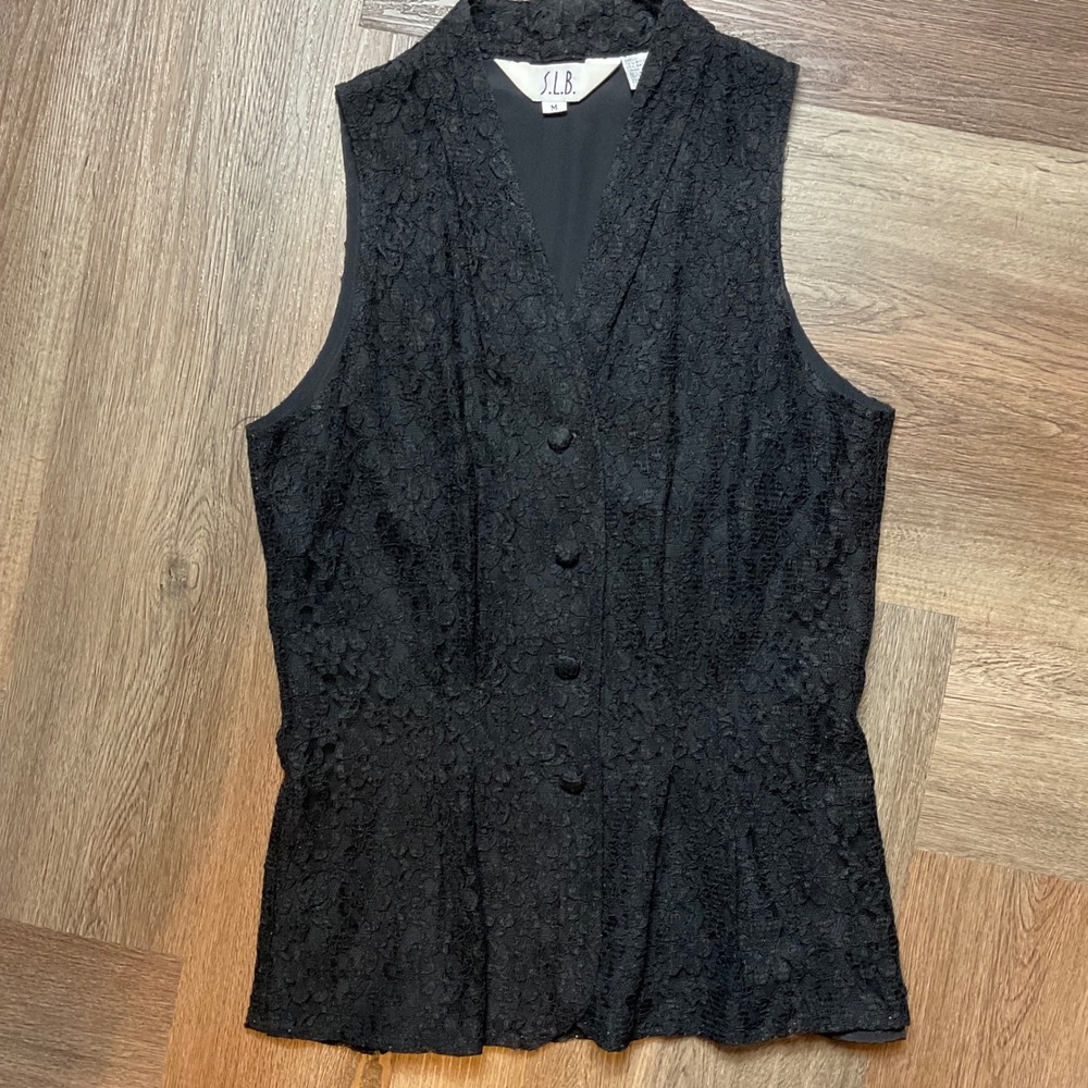 S.L.B. Women's Vest Medium Black Lace Button Down Vintage 90s Victorian Coquette